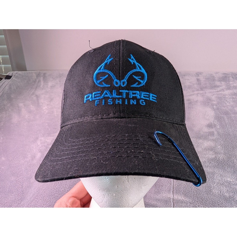 Realtree Fishing Mens Trucker Hat Black Blue Logo Mesh Snapback OSFM Fish Hook
